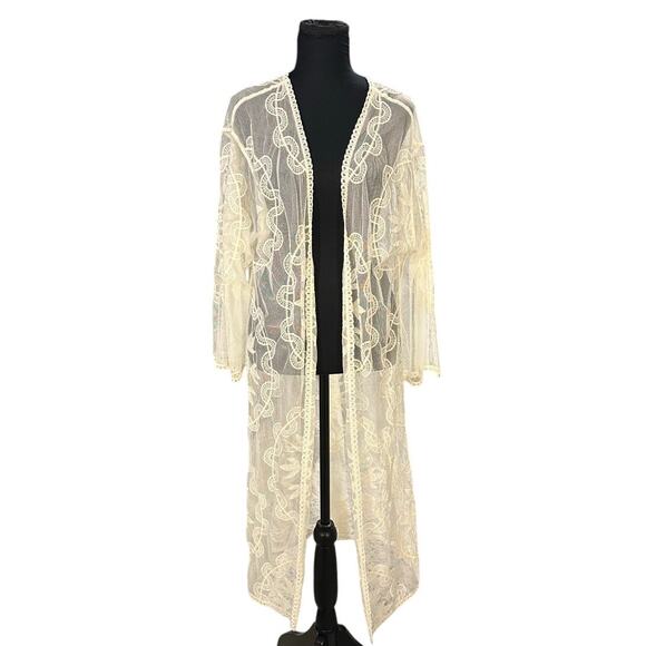 Wonderly Off White Lace Long Line Open Front Kimono Duster Size M/L - Picture 1 of 7